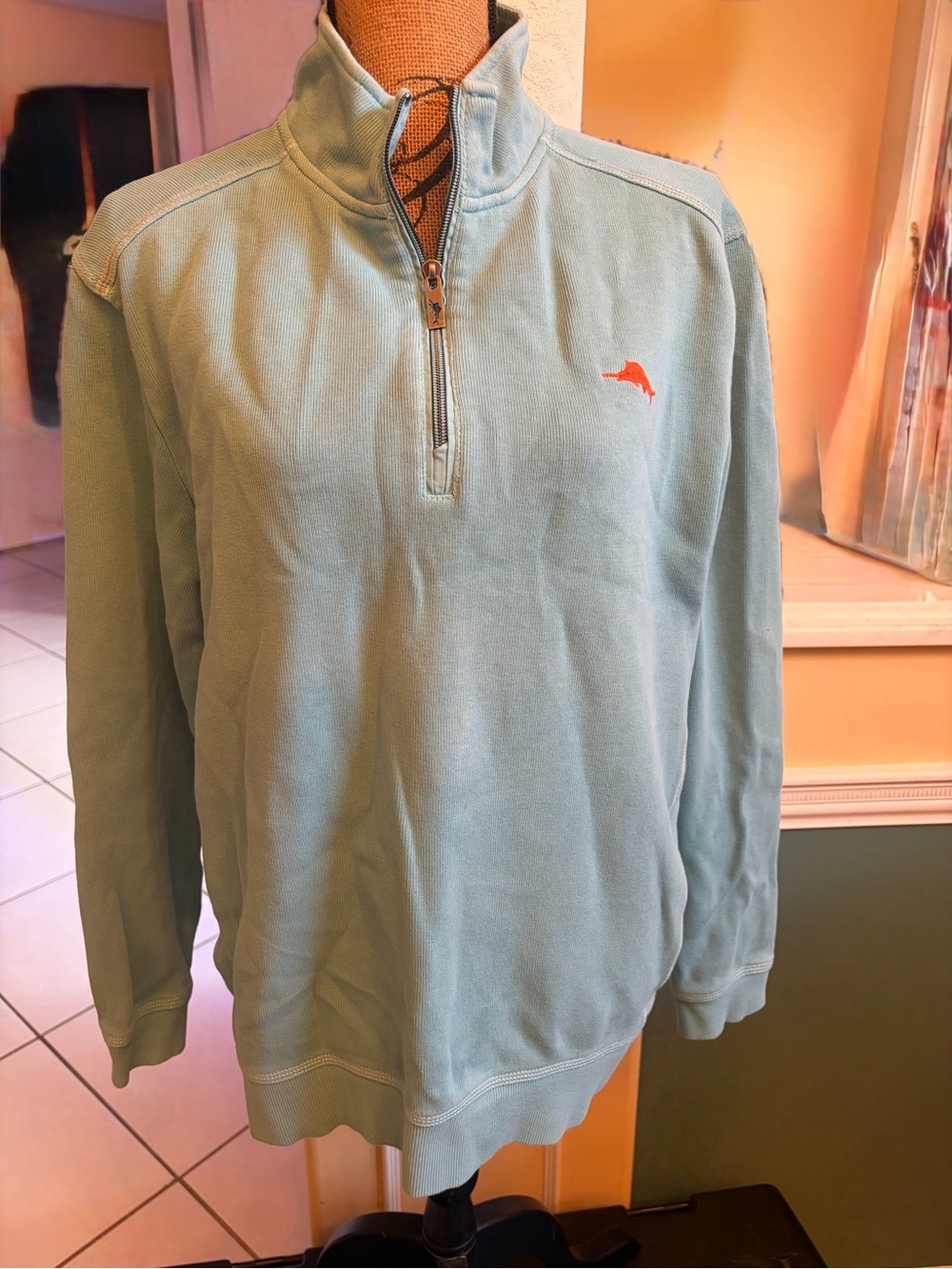 Tommy Bahama Teal Quarter-Zip Pullover with Orange Dolphin Logo